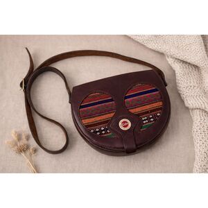 Vintage Boho Leather Crossbody Bag Woven Textile Detail 70s Festival Purse